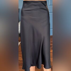 Black Satin Midi Skirt Slip Skirt High Waist Flowy Size 10